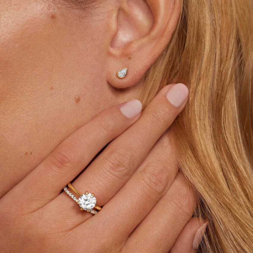 Pear Shaped Lab Diamond Bezel Stud Earrings (1/2 ct. tw.) in 14K Yellow Gold - Image 4