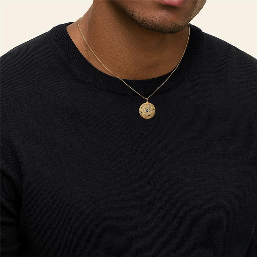 Evil Eye Sapphire and Diamond Medallion Necklace in 14K Yellow Gold - Image 3