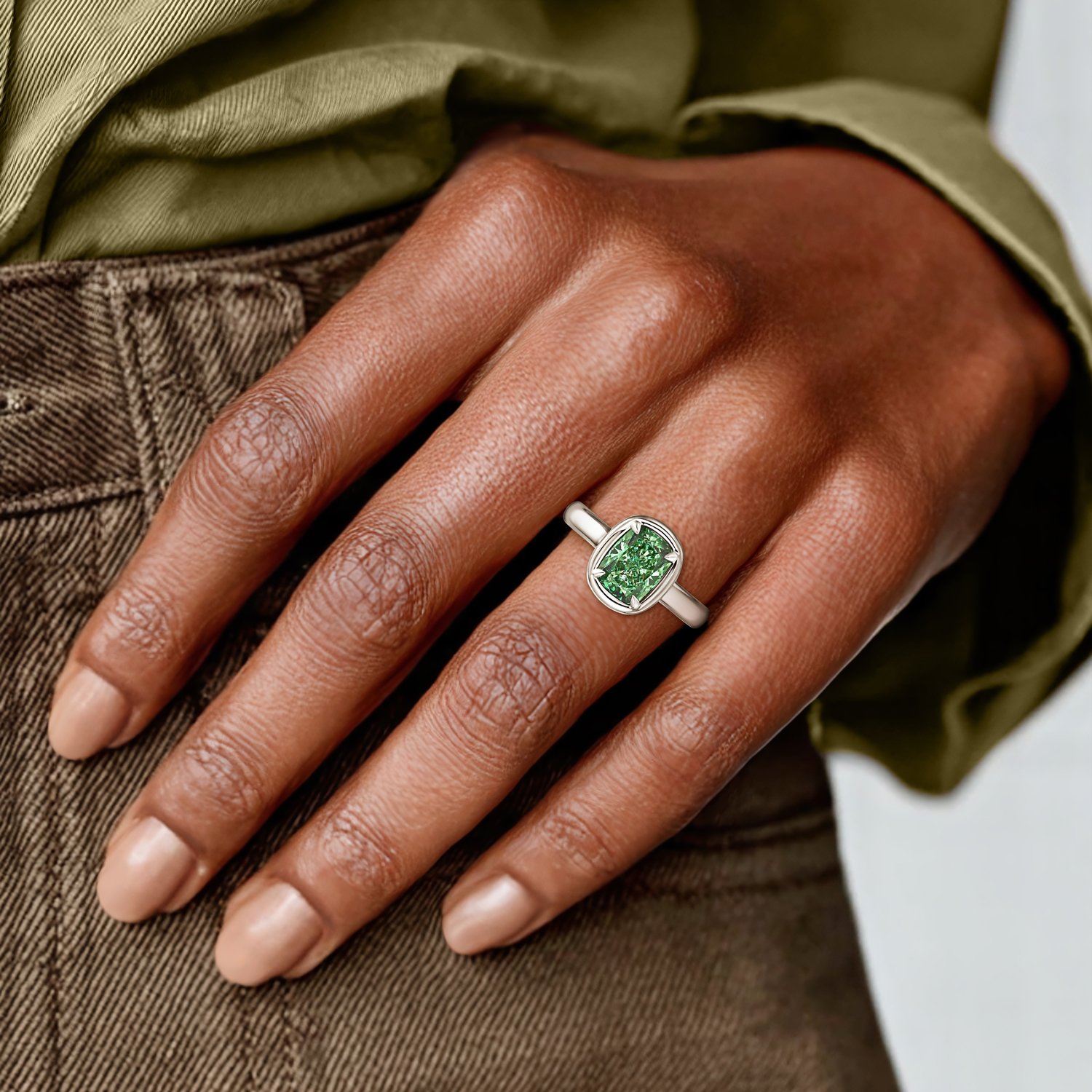 Andrea Bezel Prong Pacific Green Cushion Lab Diamond Ring (2 ct. tw.) - Image 5